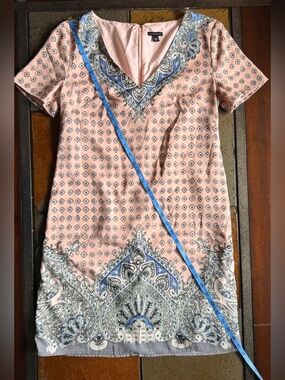 Anne Taylor pink blue paisley knee v neck xs zip dress pink liner preppy Lagon